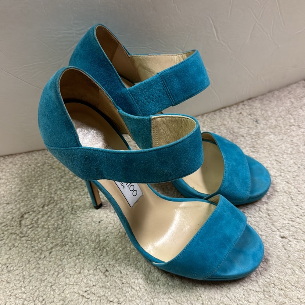 Women’s Jimmy Choo Platform Turquoise Suede Strappy Heels Size 37EU